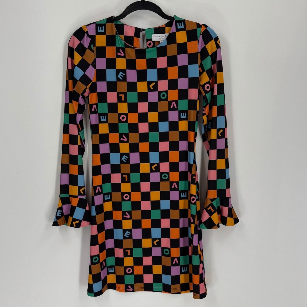 Never Fully Dressed Love Checkerboard Mini Dress Multicolor Bell Sleeve US 2 NEW